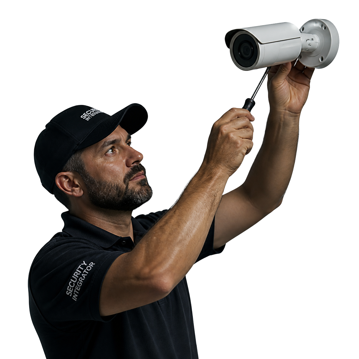 Security integrator installing a CCTV camera